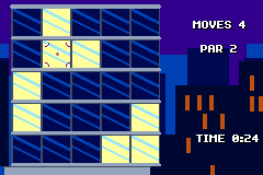 Closing Time — a floor mid-solve, lit windows on a dark facade, showing moves, par and timer