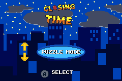 Closing Time title screen — the building at night under a city skyline