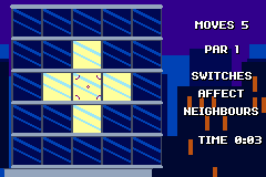 Closing Time tutorial — a lit cross of windows with the text 'switches affect neighbours'